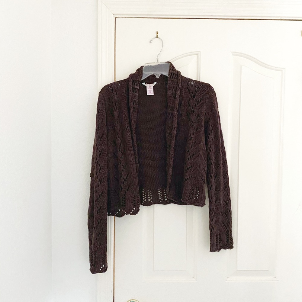 Vintage Pink Cardigan Brown Shawl Collar Crochet Cardigan